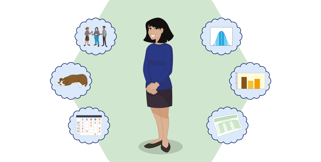 A smiling professional woman surrounded by bubbles containing a calendar, a sleeping dog, a group of people talking, a wave chart, a bar chart, and work log.