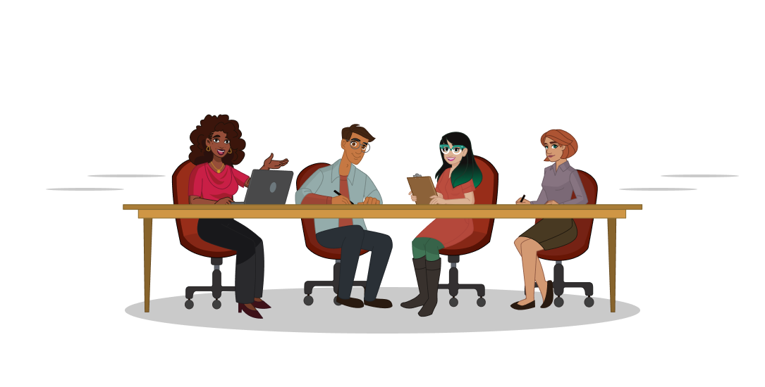 A diverse group of library workers sitting at a table and smiling at the camera. 