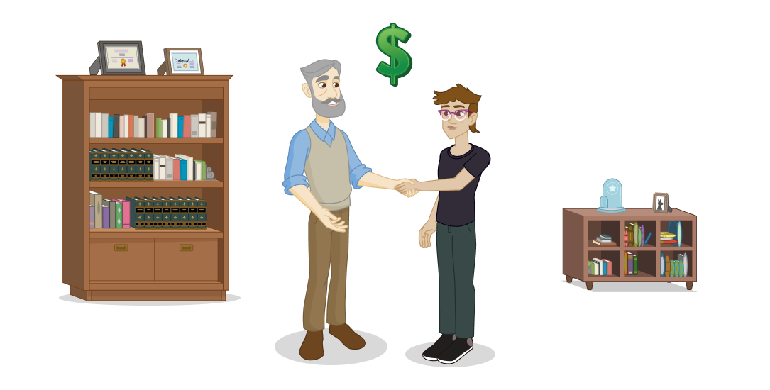 An older man shakes hands with a young adult. A dollar sign is between them. 