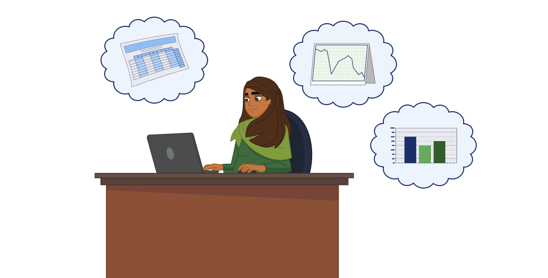 A woman typing at a laptop. Around here are bubbles showing a spreadsheet, line graph, and bar graph
