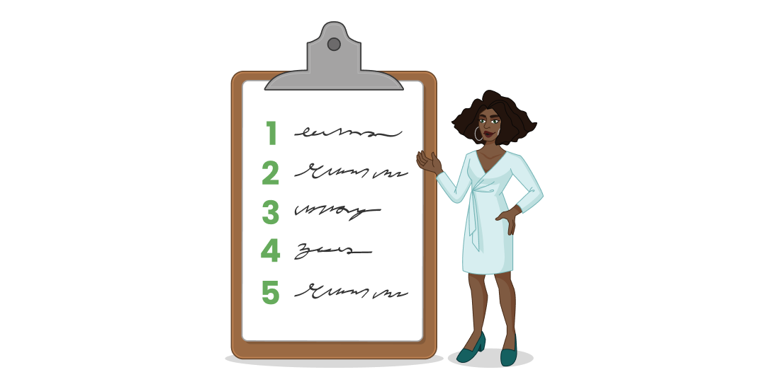A smiling woman gestures to an oversized checklist