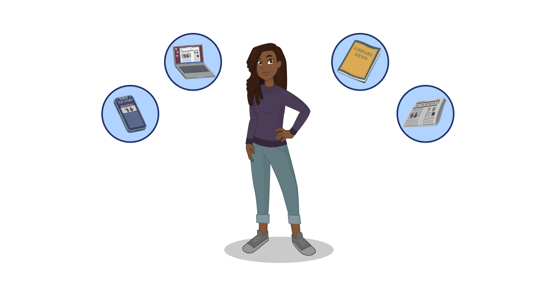A college student stands in the middle of the screen. Around her are four bubbles showing a smartphone, laptop, magazine, and newspaper. 