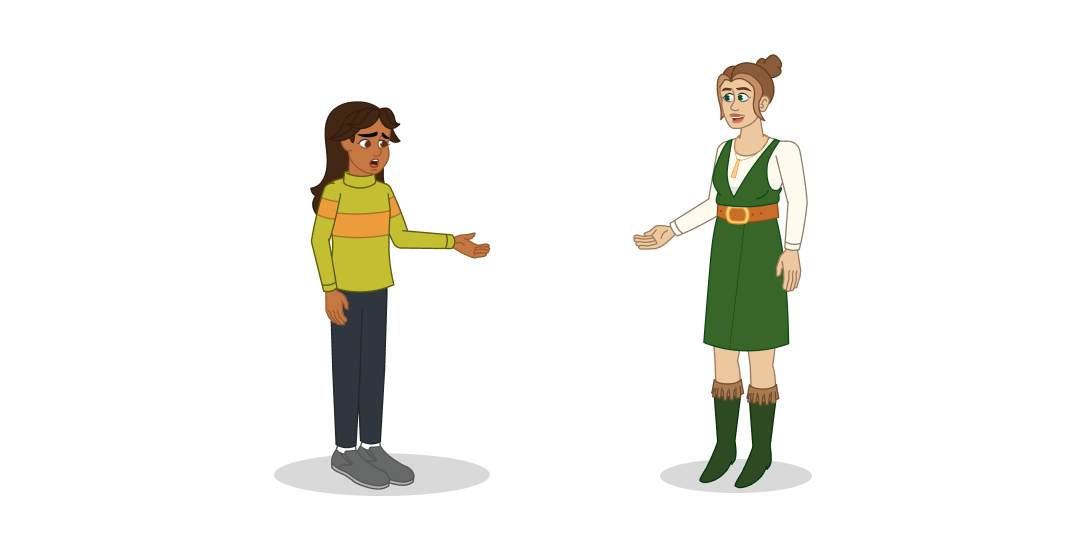 A librarian talks with a young girl who looks stressed and confused. 