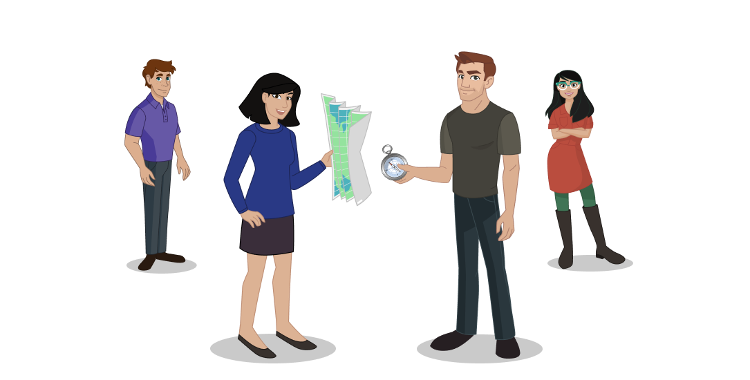 A group of two men and two women stand smiling at the camera. The woman in the center holds a map and the man in the center holds a compass. 
