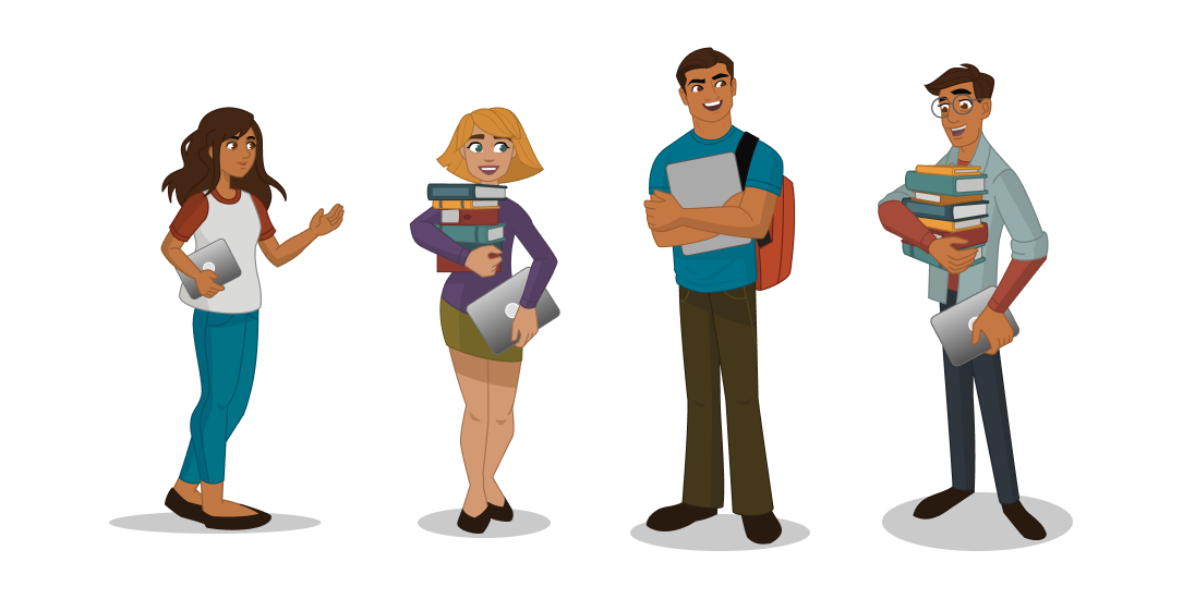 Four college students holding stacks of books and computers and smiling. 