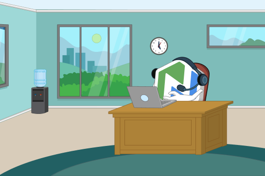 niche buddy character seated in front of a laptop at a desk with a headset on representing customer support